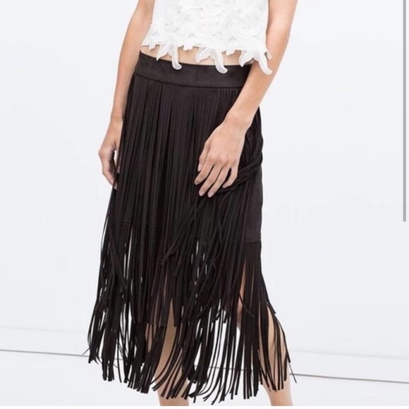 Zara Suede Black Fringe Mini Skirt Size S - Picture 8 of 10